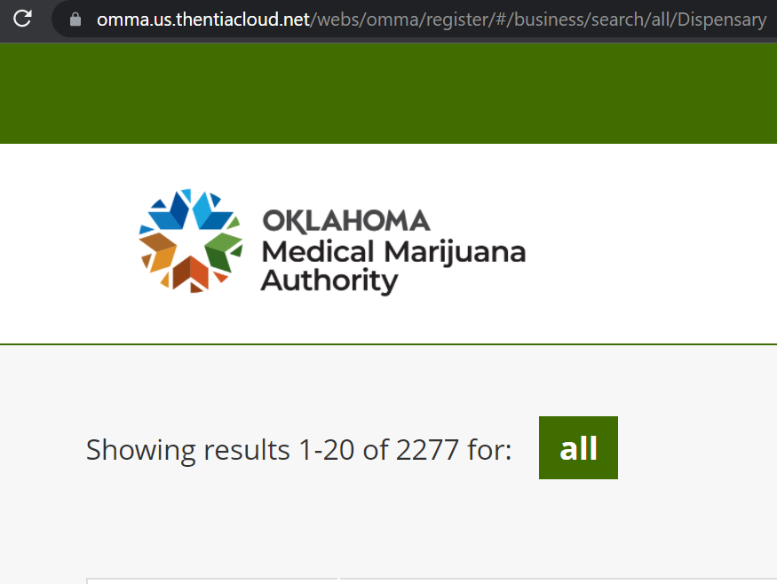 Here's a snapshot of the Oklahoma Medical Marijuana Authority official website. At the beginning of the search you'll find a total of 2,200 dispensary permits. Compare that to California, a state with a much larger population and 866 permits..