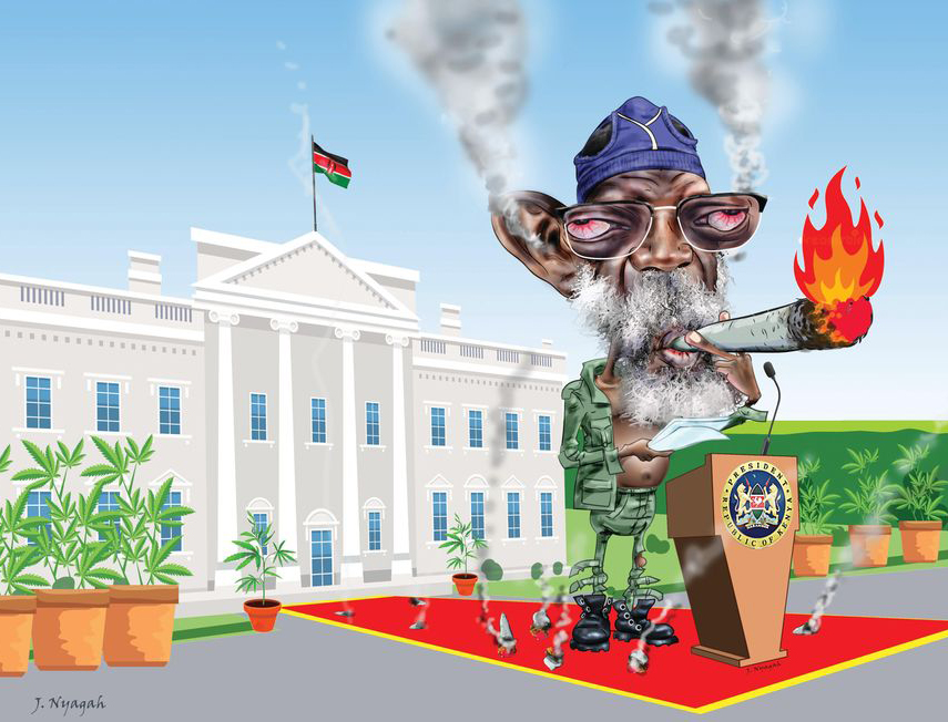 Political caricature of George Wajackoyah lighting up in front of a cannabis adorned white house. Illustration by: J. Nyagah